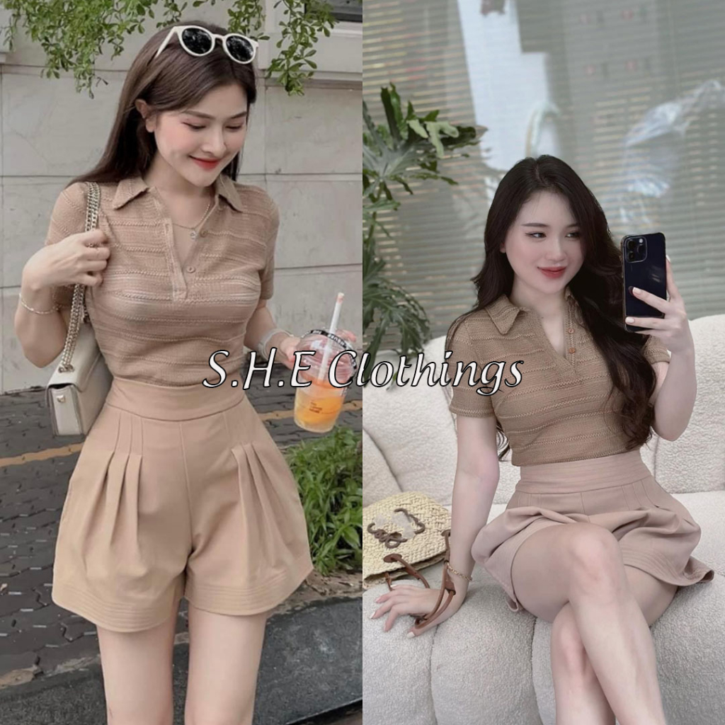 Bộ Đùi Nữ Áo Ren Kiểu Nữ Cổ Sơ Mi Mix Quần Sooc Đùi Cạp Cao Ly Trước Freesize S320