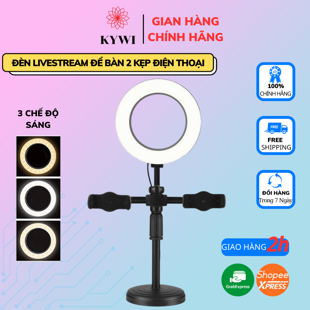 Đèn Livetream Để Bàn 2 Kẹp Điện Thoại - Có Đèn Hỗ Trợ - Livetream - Quay TikTok - Bán Hàng - Chính Hãng KYWI