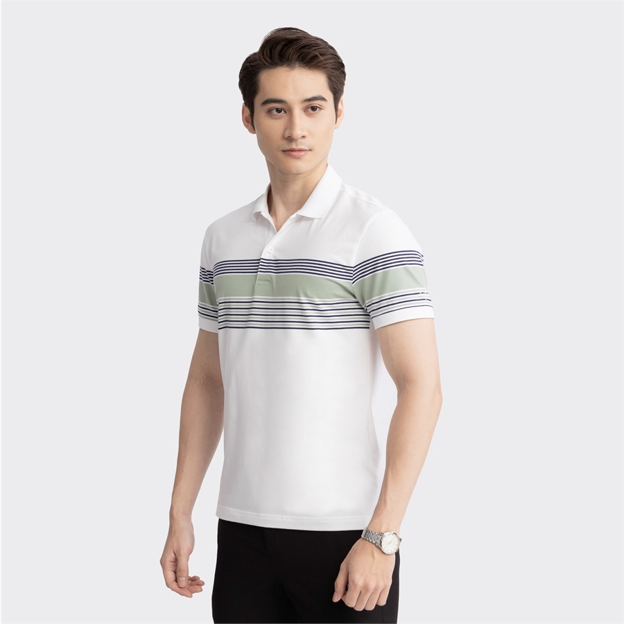 Áo thun polo nam Aristino APS032S3 ngắn tay cổ bẻ dáng slim fit ôm nhẹ Trắng 6 kẻ jacquard vải cotton cao cấp