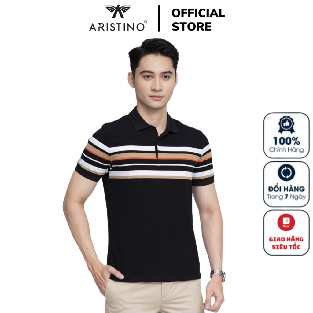 Áo thun polo nam Aristino APS017S3 ngắn tay cổ bẻ dáng suông vừa Đen 1 kẻ jacquard vải cotton cao cấp