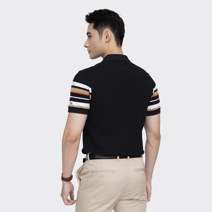 Áo thun polo nam Aristino APS017S3 ngắn tay cổ bẻ dáng suông vừa Đen 1 kẻ jacquard vải cotton cao cấp