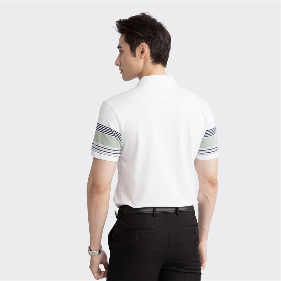 Áo thun polo nam Aristino APS032S3 ngắn tay cổ bẻ dáng slim fit ôm nhẹ Trắng 6 kẻ jacquard vải cotton cao cấp