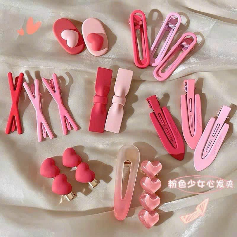 Set 19 món kẹp tóc hồng bé gái nhiều mẫu siêu xinh cho bé gái