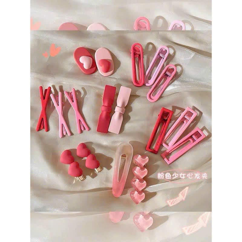 Set 19 món kẹp tóc hồng bé gái nhiều mẫu siêu xinh cho bé gái