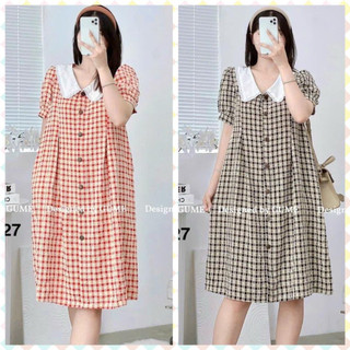 Váy bầu kẻ caro Đầm bầu xinh thiết kế cổ sen cho mẹ bầu nơi công sở V13