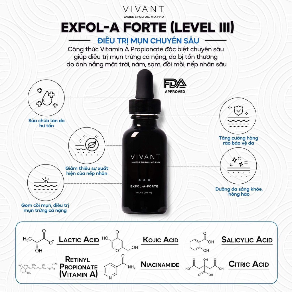 Serum Vivant Exfol-A, Exfol-A Forte, Derm-A-Gel giảm nếp nhăn, sẹo mụn và tăng sắc tố 29.6ml