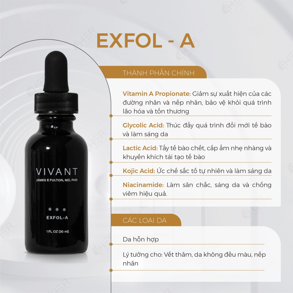 Serum Vivant Exfol-A, Exfol-A Forte, Derm-A-Gel giảm nếp nhăn, sẹo mụn và tăng sắc tố 29.6ml