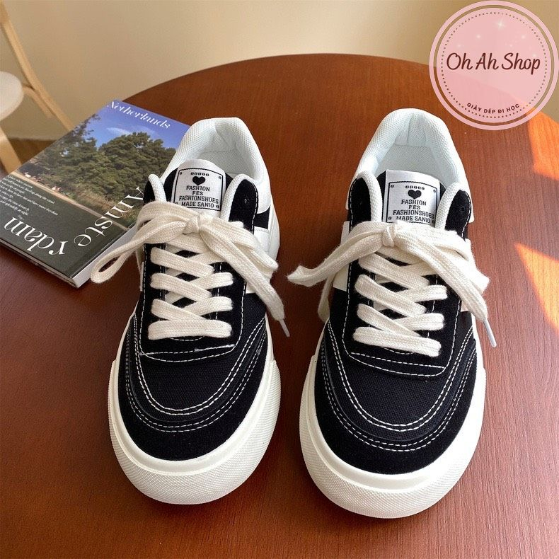 🍓  Giày Nữ Đi Học Giày Vải Canvas Phối Da Lộn Màu Đen Hàng Loại 1  Ohahshopggiaydep