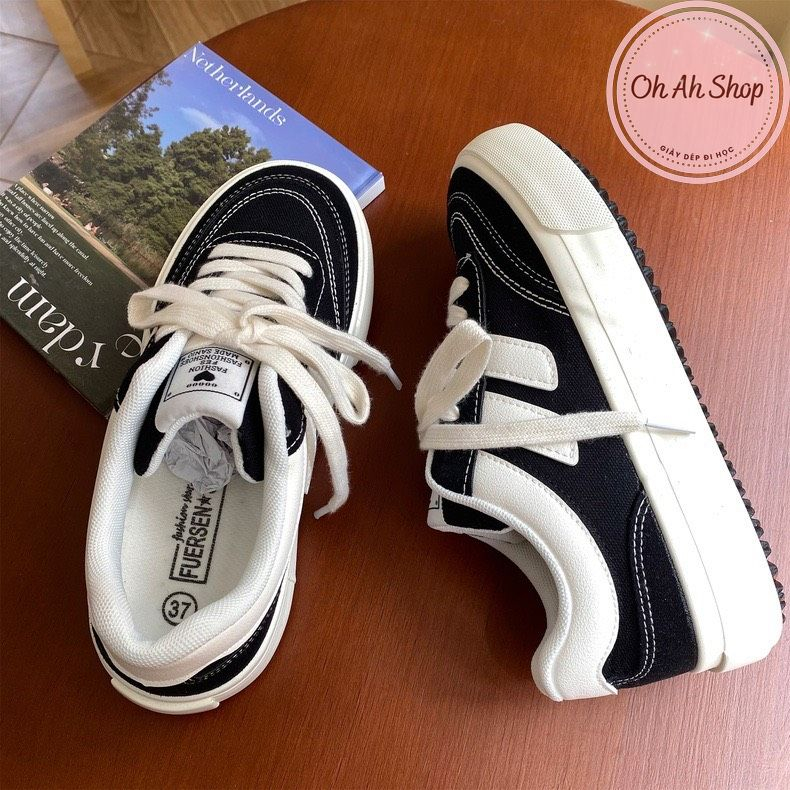 🍓  Giày Nữ Đi Học Giày Vải Canvas Phối Da Lộn Màu Đen Hàng Loại 1  Ohahshopggiaydep