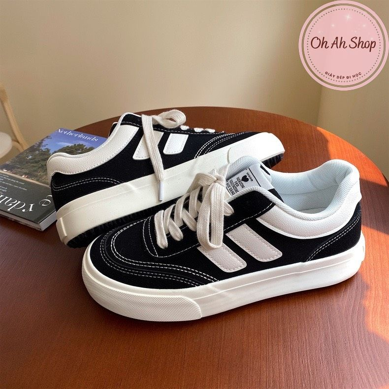 🍓  Giày Nữ Đi Học Giày Vải Canvas Phối Da Lộn Màu Đen Hàng Loại 1  Ohahshopggiaydep