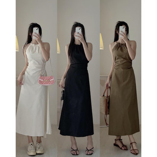 V215 váy cổ tròn dây rút cut out lưng dáng dài 120cm audrey