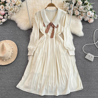 #2934 [ Order ] Đầm cổ sơ mi dài tay thắt nơ xếp ly màu be