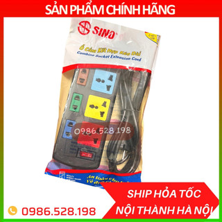 Ổ cắm đa năng kéo dài SINO chính hãng, loại 6 ổ cắm (3 ổ đa năng và 3 ổ 2 chấu)