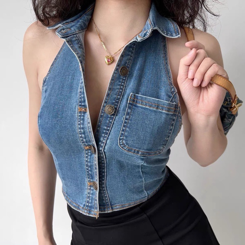 Áo yếm Jean gài nút, Áo croptop yếm jean sát nách hở lưng cổ bẻ cao cấp vải co dãn