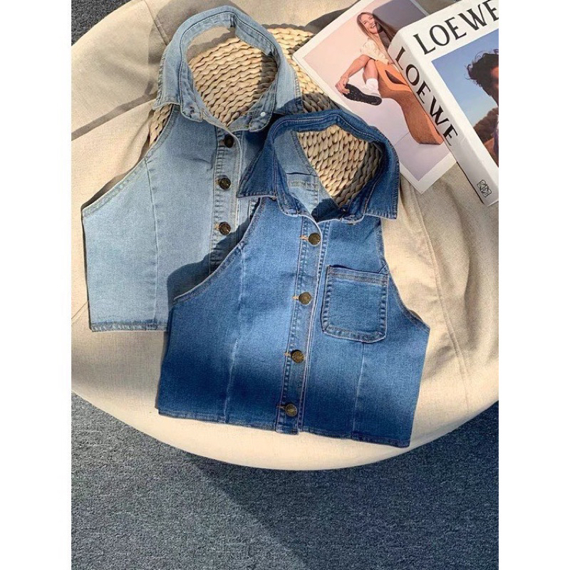 Áo yếm Jean gài nút, Áo croptop yếm jean sát nách hở lưng cổ bẻ cao cấp vải co dãn