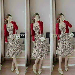 Đầm lụa 2 dây thời trang nữ mặc đi chơi cài nút bọc có mút ngực phối kèm áo khoác lửng tay dài chất thun gân