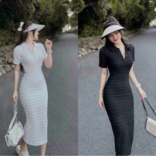 Đầm thời trang nữ mặc đi chơi cổ sơ mi cài nút váy ôm sát xẻ tà sau chất vải xô ren y mẫu