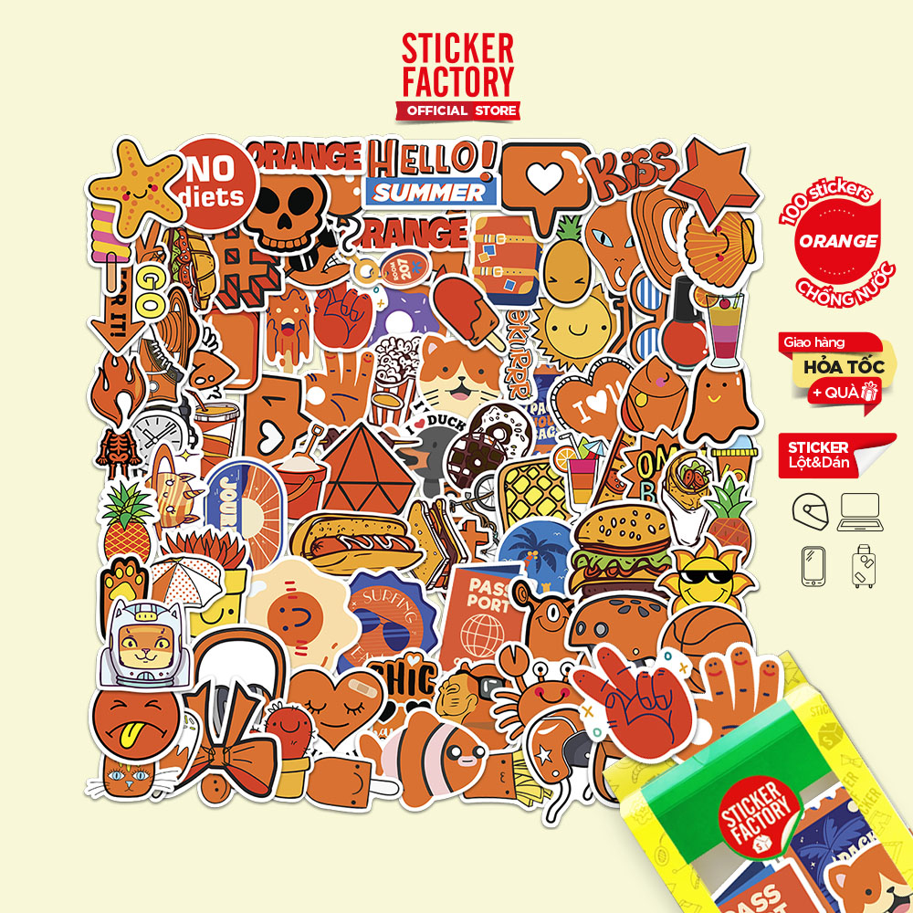 Orange - Set 100 sticker decal hình dán nón bảo hiểm, laptop, xe máy, ô tô - STICKER FACTORY