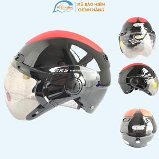 Mũ bảo hiểm nửa đầu có kính cao cấp - GRS A102K - Đen bóng phối đỏ - Vòng đầu 54-57cm, Hàng chính hãng, Bảo hành 12Tháng
