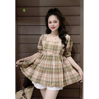 Áo kiểu nữ chất xốp đũi dáng xòe kiểu sọc caro tay lỡ hỡ lưng kèm dây thắt nơ xinh xắn