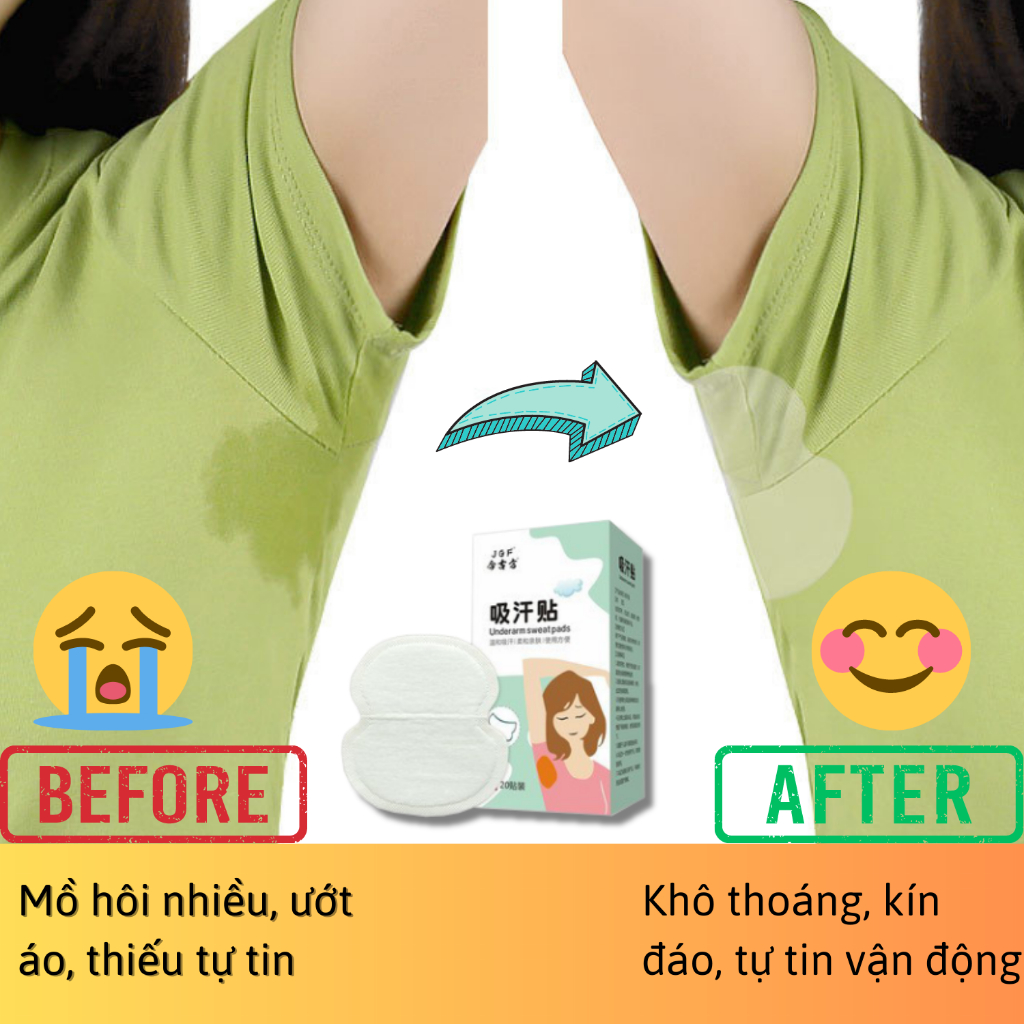 Miếng dán thấm mồ hôi nách khử mùi, siêu mỏng, khô thoáng. Hộp 20 miếng dán nách ngăn mồ hôi, giữ nách luôn khô thoáng.