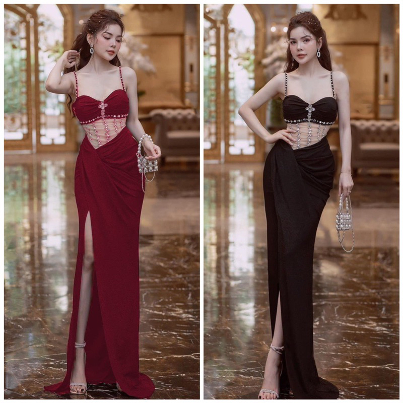 Đầm maxi body 2 dây kết đá pha lê xẻ đùi sang trọng - size S/M/L