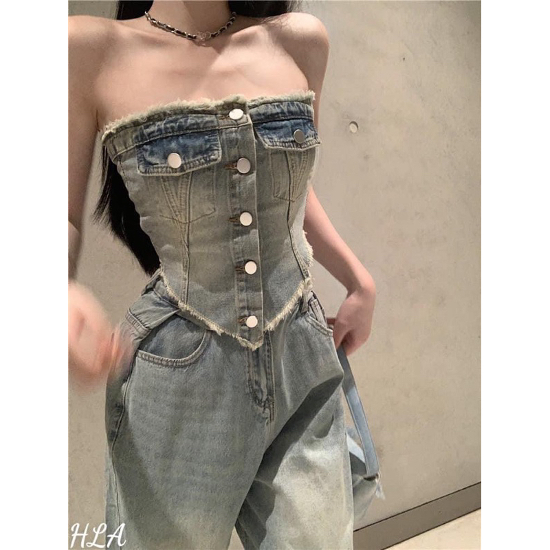 Áo ống jean croptop Cúp ngực Áo ống bò quây ngực croptop sexy Đi quẩy bar pub Dạo phố Ôm body Quyến rũ