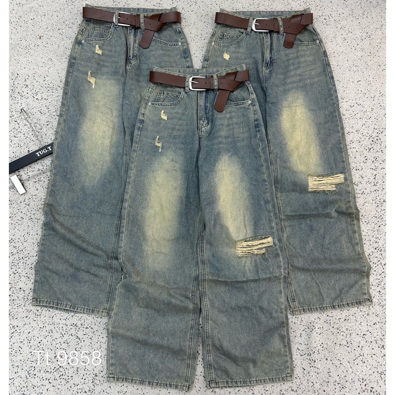 Quần jeans suông rách viền kèm betl nâu hàng QC chất jeans mềm - sẵn