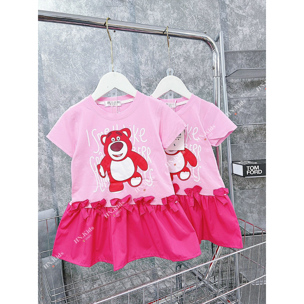 Váy cotton gấu dâu lotso đính nơ phối màu xinh xắn cho bé gái