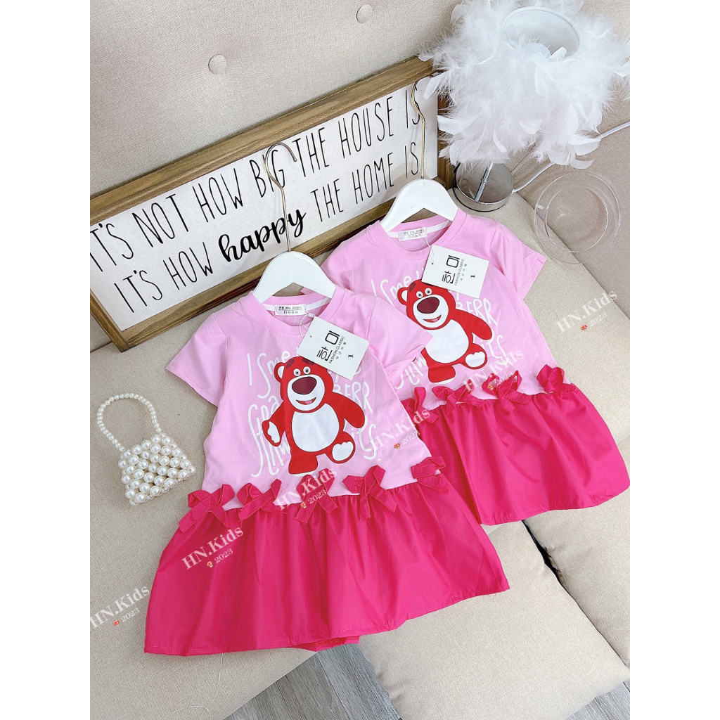 Váy cotton gấu dâu lotso đính nơ phối màu xinh xắn cho bé gái