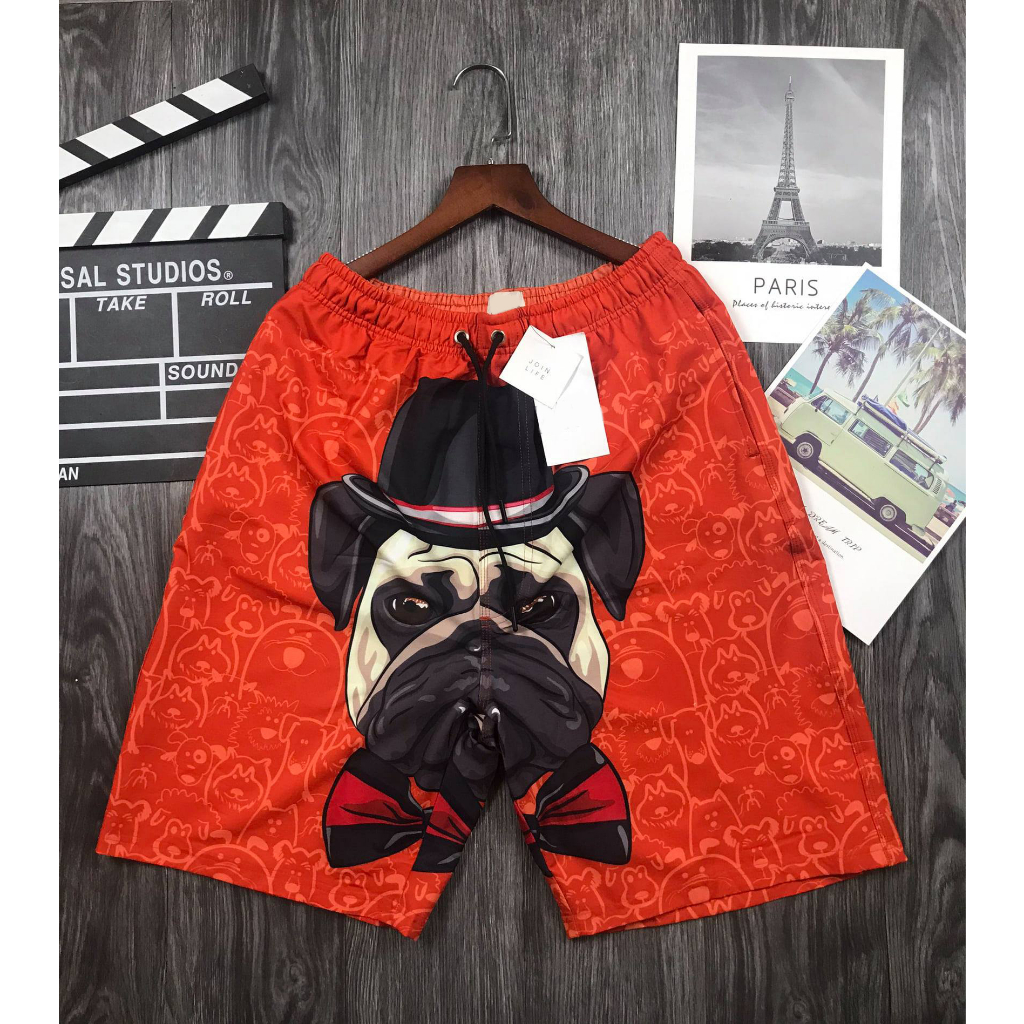 Quần đùi nam, quần short đi biển vải mềm mát, in hình họa tiết chó PUG hai màu phong cách trẻ trung cá tính MANZO Q01