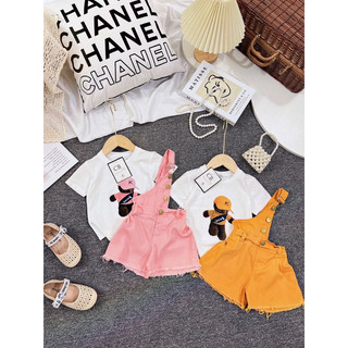 Quần yếm bé gái, Set quần yếm kaki dây chéo kèm áo thun cotton cá tính cho bé