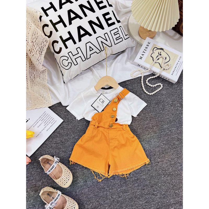 Quần yếm bé gái, Set quần yếm kaki dây chéo kèm áo thun cotton cá tính cho bé
