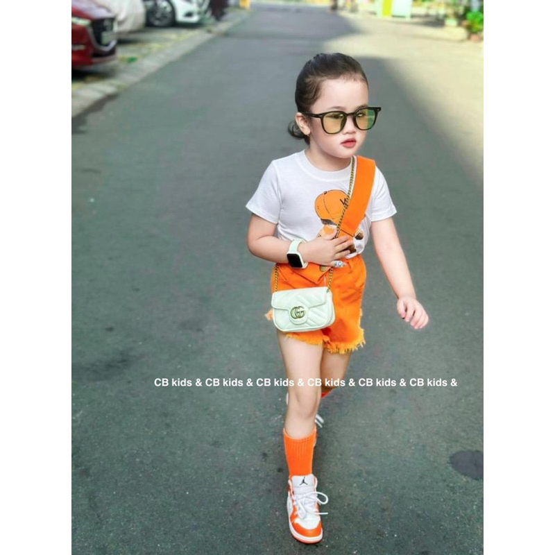 Quần yếm bé gái, Set quần yếm kaki dây chéo kèm áo thun cotton cá tính cho bé