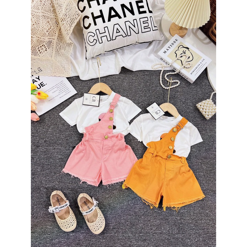 Quần yếm bé gái, Set quần yếm kaki dây chéo kèm áo thun cotton cá tính cho bé