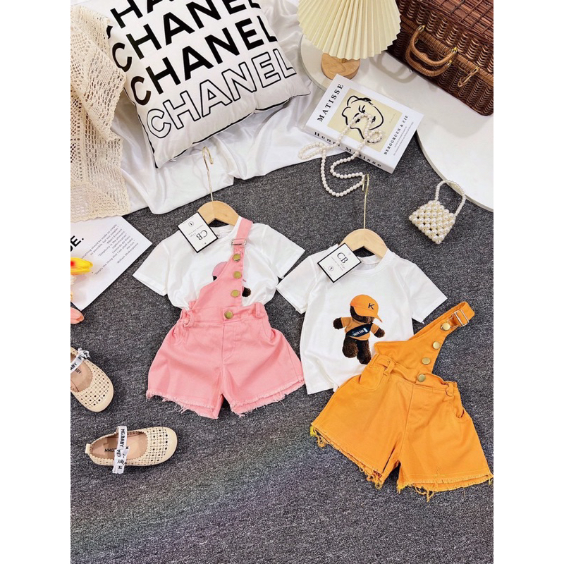 Quần yếm bé gái, Set quần yếm kaki dây chéo kèm áo thun cotton cá tính cho bé