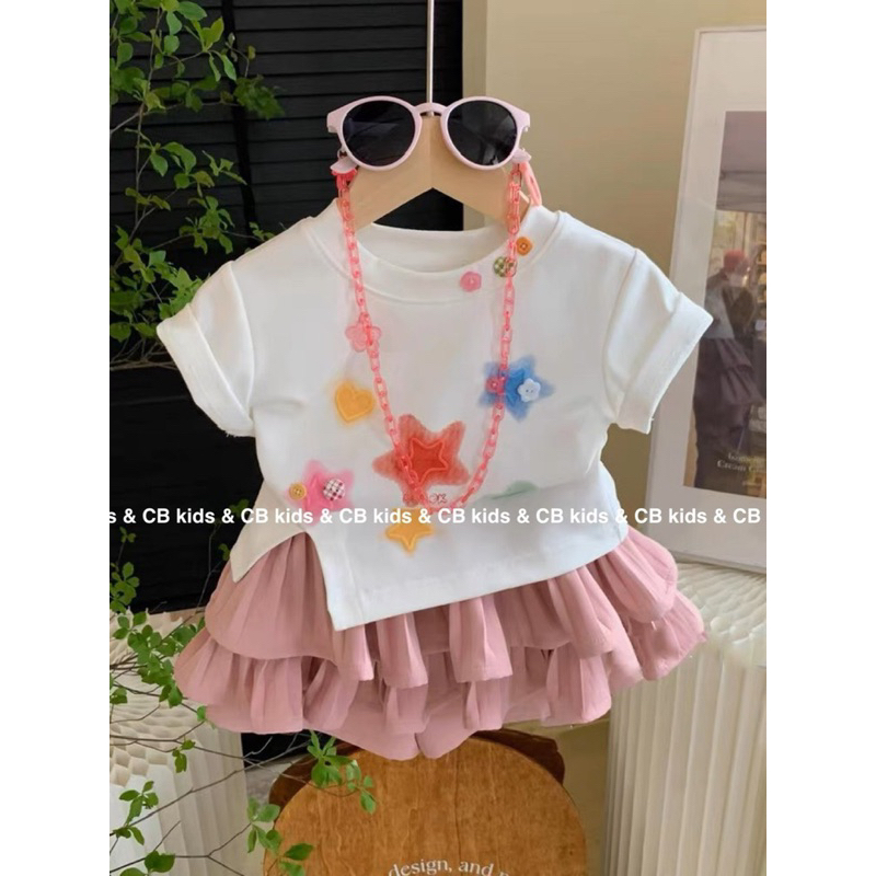 Váy bé gái, set bộ váy xếp li hồng mix cùng áo cotton xẻ đính sao tim siêu đẹp siêu xinh cho bé 12-25 kg