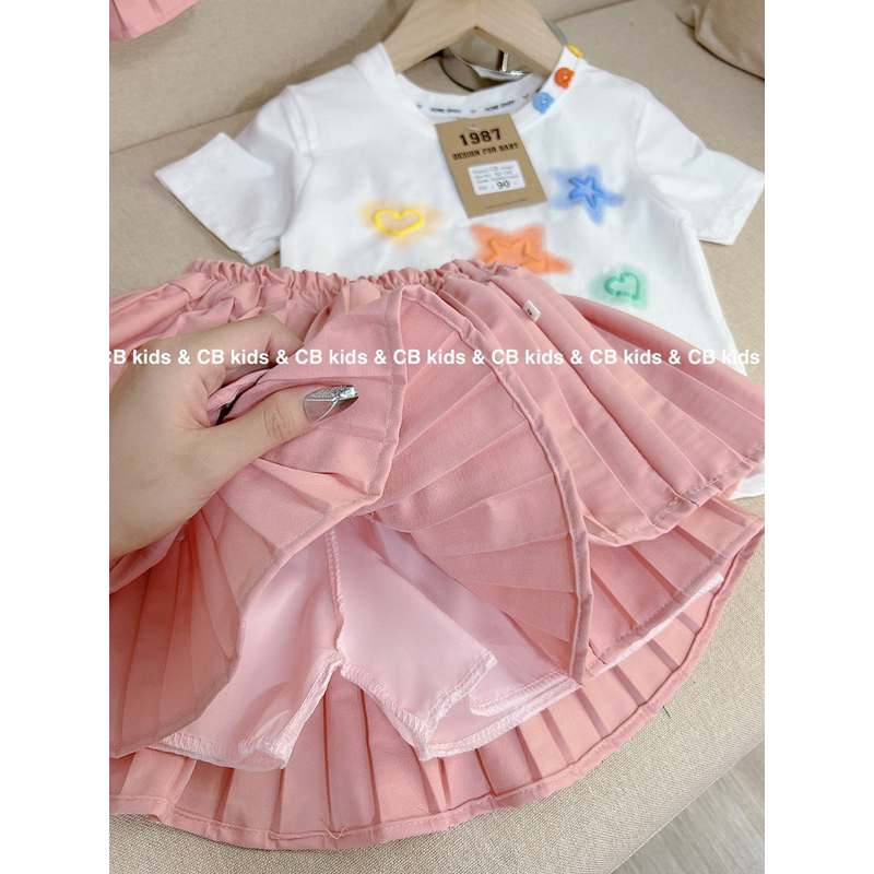 Váy bé gái, set bộ váy xếp li hồng mix cùng áo cotton xẻ đính sao tim siêu đẹp siêu xinh cho bé 12-25 kg