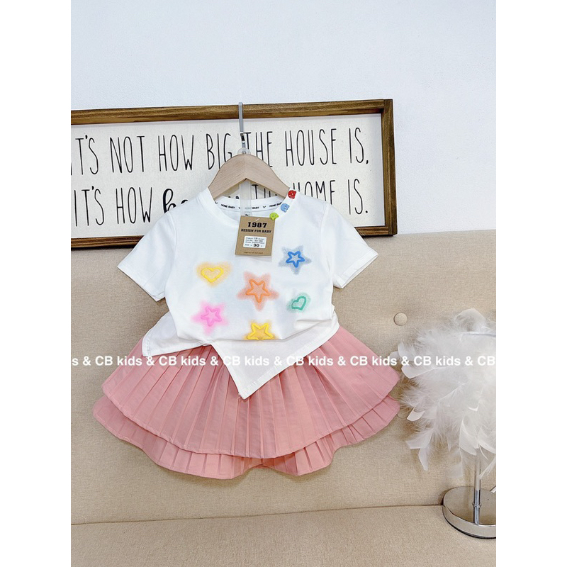 Váy bé gái, set bộ váy xếp li hồng mix cùng áo cotton xẻ đính sao tim siêu đẹp siêu xinh cho bé 12-25 kg