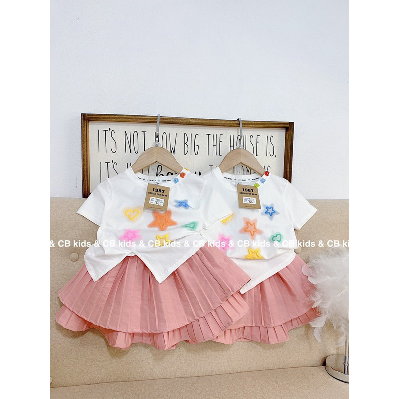 Váy bé gái, set bộ váy xếp li hồng mix cùng áo cotton xẻ đính sao tim siêu đẹp siêu xinh cho bé 12-25 kg