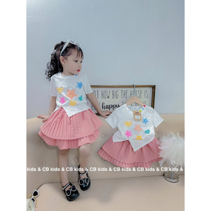 Váy bé gái, set bộ váy xếp li hồng mix cùng áo cotton xẻ đính sao tim siêu đẹp siêu xinh cho bé 12-25 kg