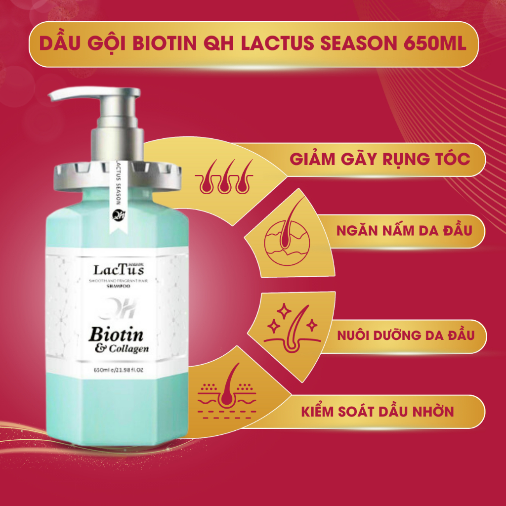 Lẻ Dầu gội biotin QH Lactus season giảm tóc gãy rụng, giảm gàu, dầu thừa và bã nhờn 650ml