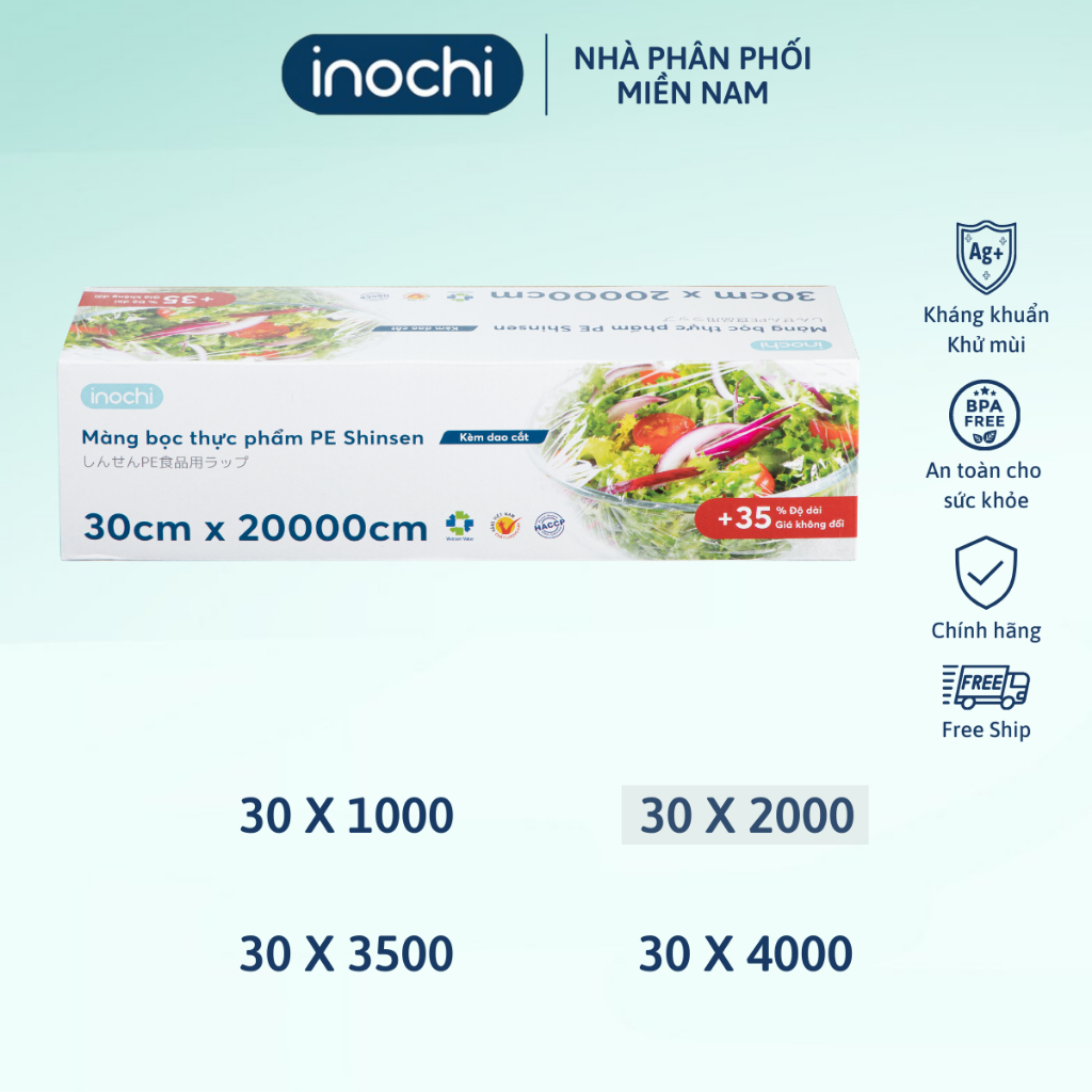 Màng bọc thực phẩm co giãn PE Inochi 30x20000cm, kèm dao cắt tiện lợi, sử dụng được trong lò vi sóng