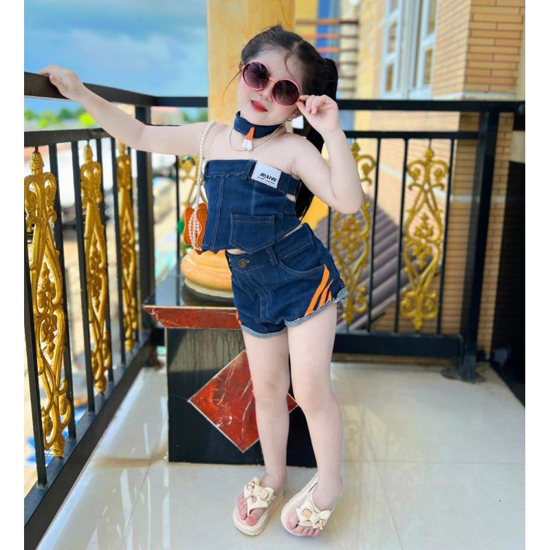 (HÀNG THIẾT KẾ) Set jeans ống quần short kẻ cam kèm vòng cổ cho bé gái 7-40kg