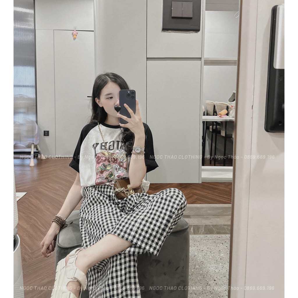 Set Bộ Đồ Nữ Áo Phông Bugby Phối Tay Đen Trắng Mix Quần Suông Kẻ Ống Rộng Freesize