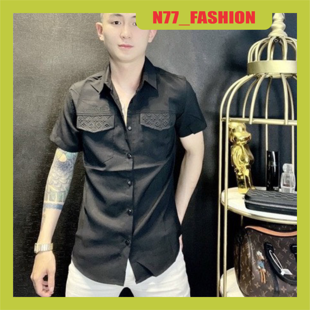 Áo sơ mi nam tay ngắn phối túi sang trọng dập vân nổi phông cách chất vải đũi dày dặn mẫu mới cao cấ