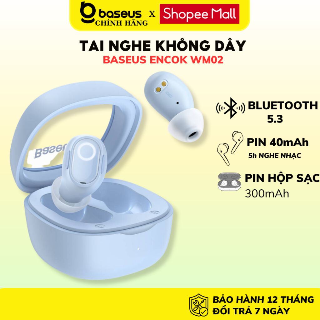Tai Nghe Bluetooth nhét tai Baseus WM02 TWS 5.3 kết nối Không Dây Chống Ồn Êm Tai cho samsung ip xiaomi