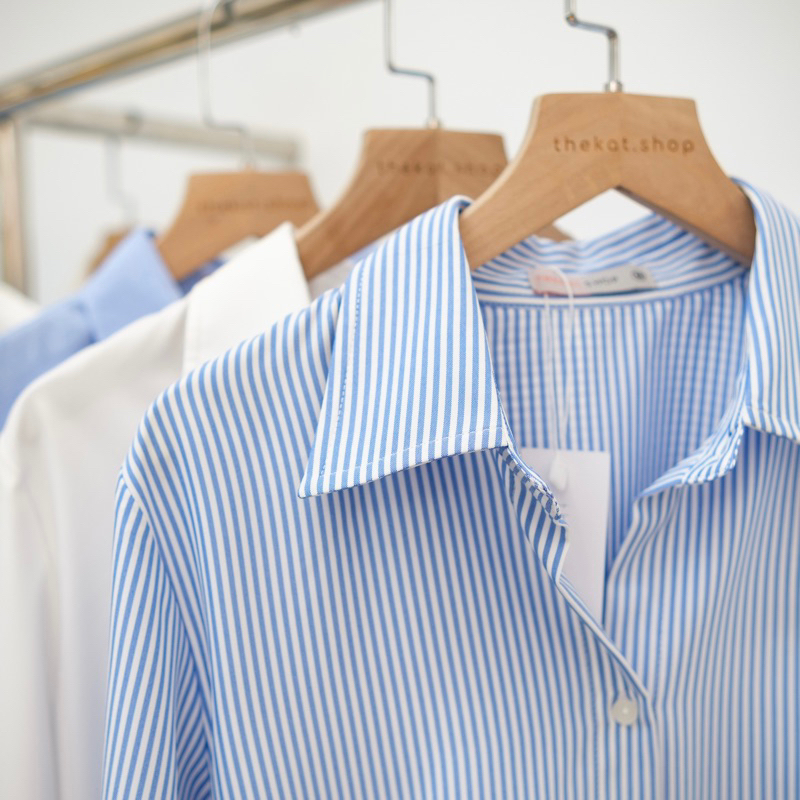 Áo Sơ mi tay dài kẻ sọc xanh chất vải bamboo thoáng mịn mát mẻ mùa hè