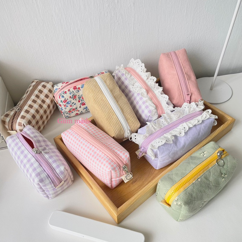 Pouch mỹ phẩm 16*7*7cm, hộp bút vải cotton hoa trần bông