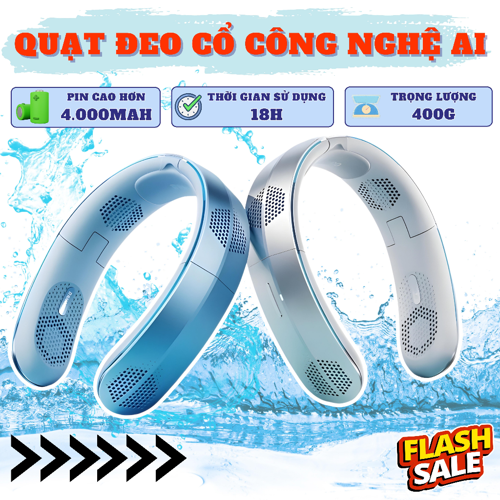 Quạt điều hòa đeo cổ cao cấp tạo gió 4 chiều, công nghệ AI hiện đại 8 lỗ thông gió sử dụng 18 tiếng làm mát cực sâu